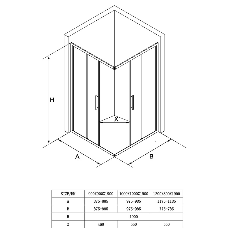 Душевое ограждение Loranto 90x90x190 раздвижная дверь, прозрачное стекло 6 мм (CS-AB01GG-90)
