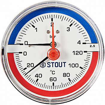 Термоманометр аксиальный STOUT Корпус Dn 80 мм 1/2 ,0...120°C, 0-10 бар